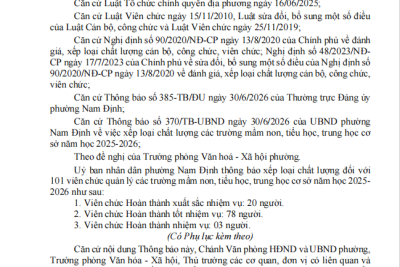Thông báo xếp loại chất lượng viên chức quản lý trường học 2025-2026