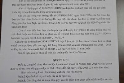 Quyết định v/v công bố công khai tài chính năm 2025 trường TH Chu Văn An