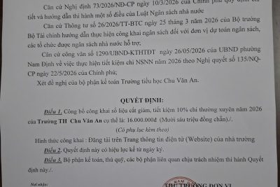 Quyết định v/v công bố công khai số liệu cắt giảm, tiết kiệm 10% chi thường xuyên năm 2026 của trường TH Chu Văn An